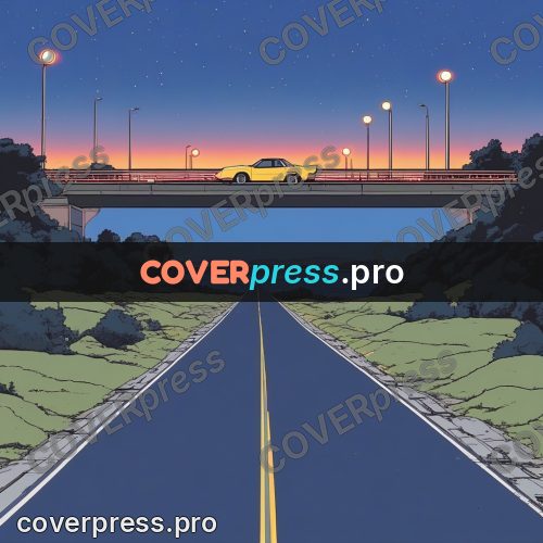 80s anime drawing: highway with cars at dusk