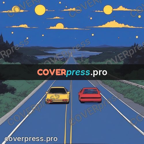 80s anime drawing: highway with cars at dusk