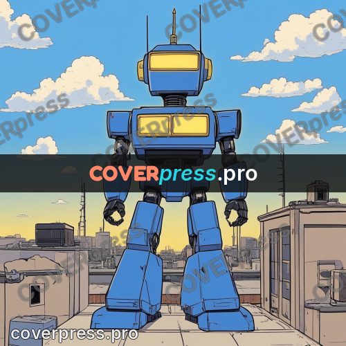 80s anime drawing: blue robot under the clouds