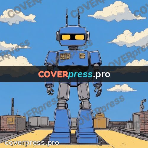 80s anime drawing: blue robot under the clouds