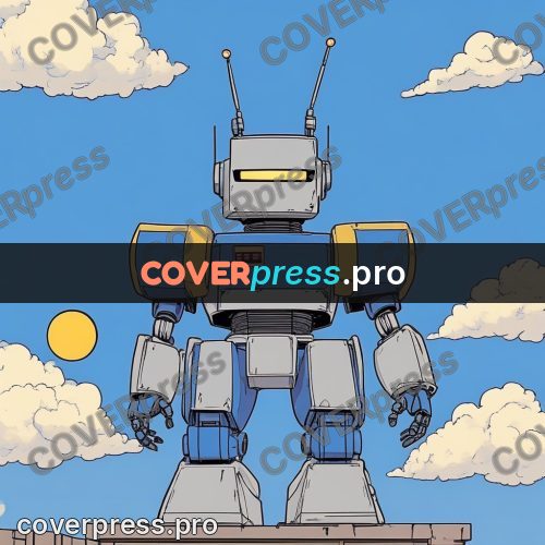 80s anime drawing: blue robot under the clouds
