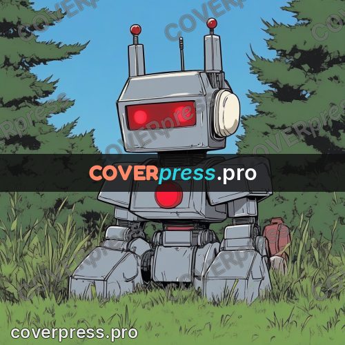 80s anime drawing: grey robot in the grass