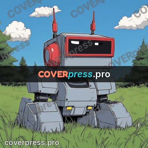 80s anime drawing: grey robot in the grass