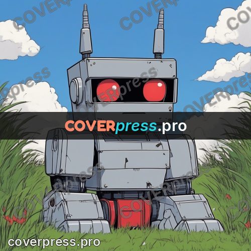 80s anime drawing: grey robot in the grass
