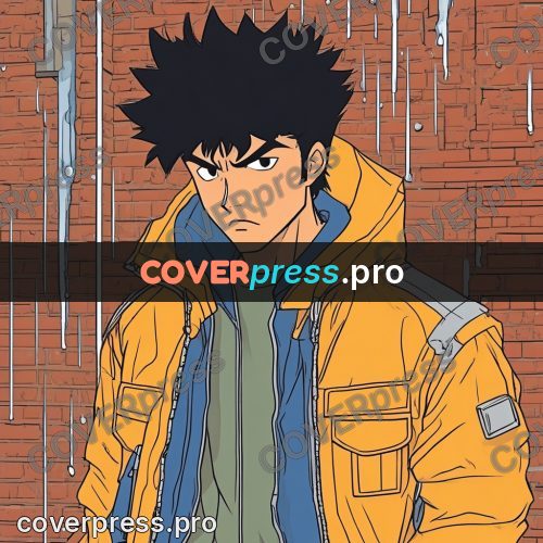 80s anime drawing: young man in the rain