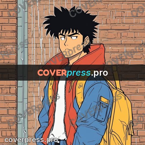 80s anime drawing: young man in the rain