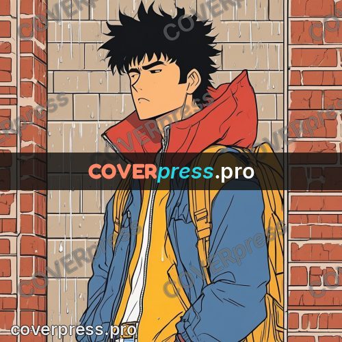 80s anime drawing: young man in the rain