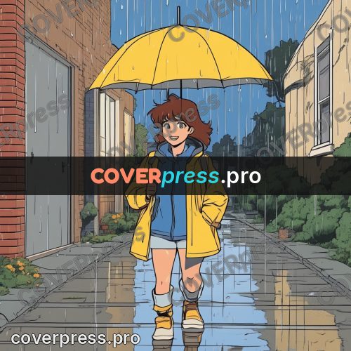 80s anime drawing: girl with a yellow umbrella