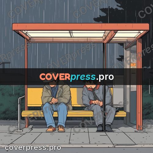 80s anime drawing: people at a bus shelter