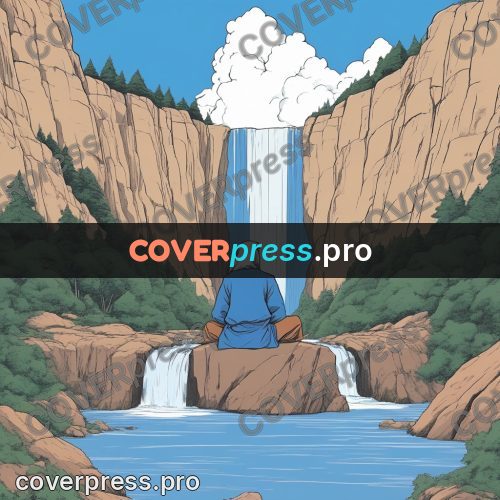 80s anime drawing: figure by a waterfall