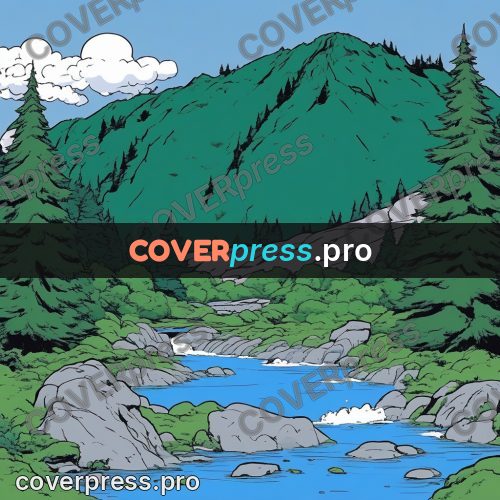 80s anime drawing: mountain stream among firs