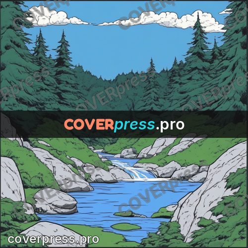 80s anime drawing: mountain stream among firs