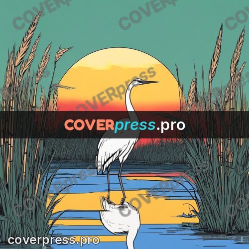 80s anime drawing: crane in the reeds at sunset