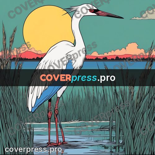 80s anime drawing: crane in the reeds at sunset