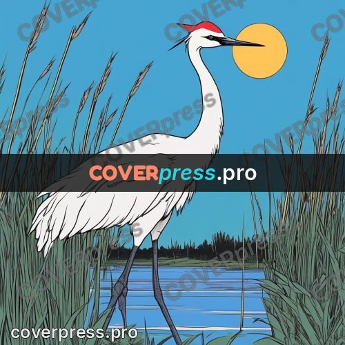 80s anime drawing: crane in the reeds at sunset