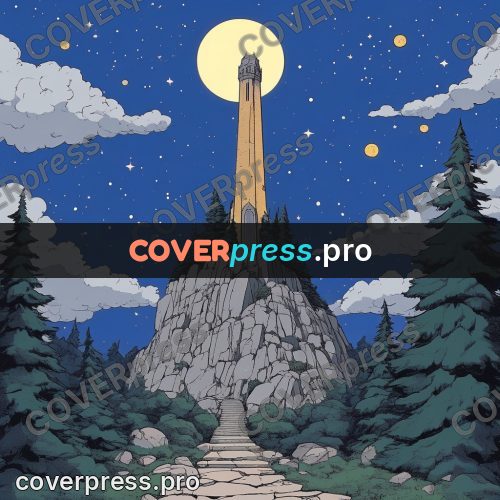 80s anime drawing: tower on a moonlit rock