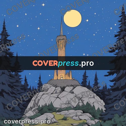 80s anime drawing: tower on a moonlit rock