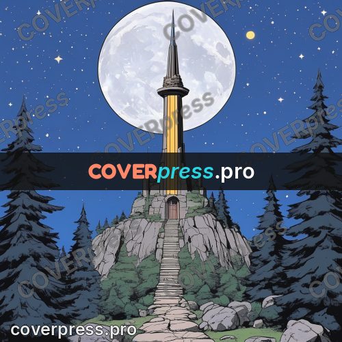 80s anime drawing: tower on a moonlit rock