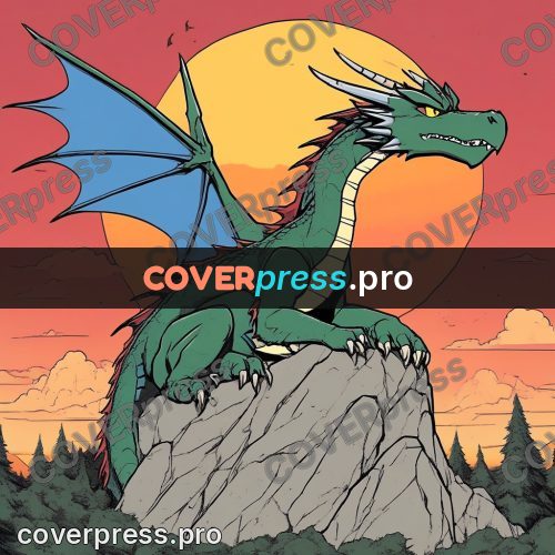 80s anime drawing: green dragon on a rock