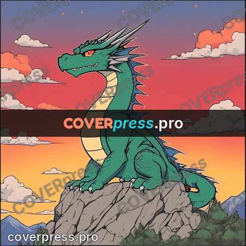 80s anime drawing: green dragon on a rock