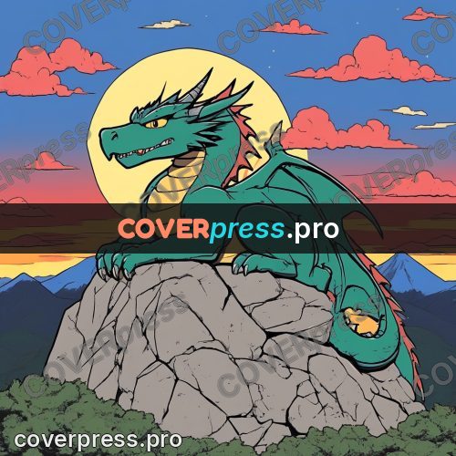 80s anime drawing: green dragon on a rock
