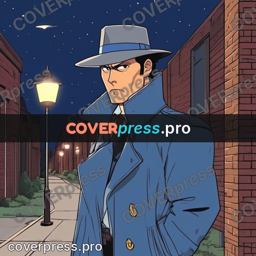 80s anime drawing: detective in a coat and hat