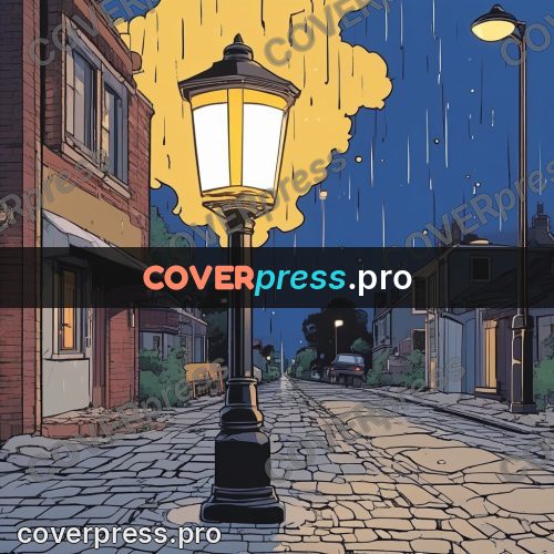 80s anime drawing: lamp on a cobbled street