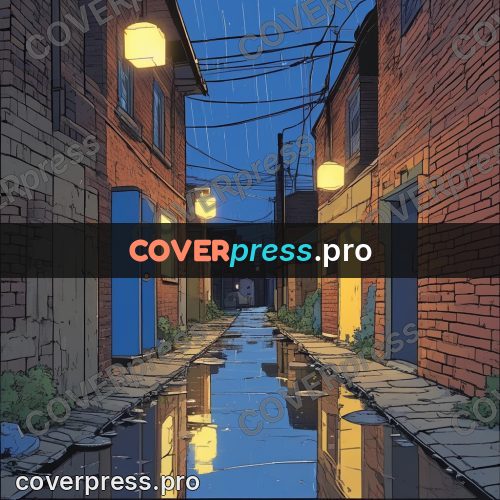 80s anime drawing: wet alley with lamps
