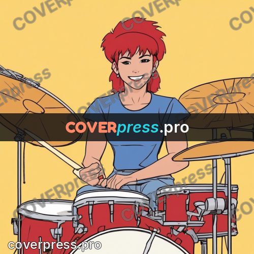 80s anime drawing: red-haired drummer at a kit