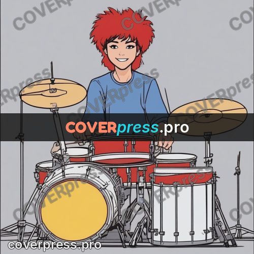 80s anime drawing: red-haired drummer at a kit