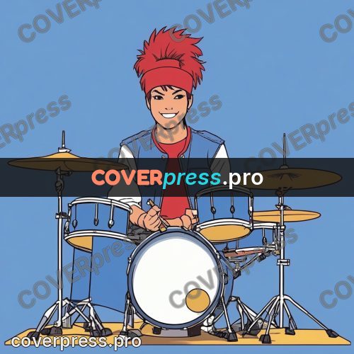 80s anime drawing: red-haired drummer at a kit