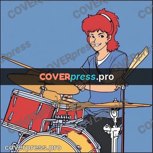 80s anime drawing: red-haired drummer at a kit