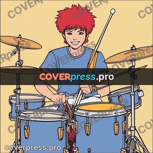 80s anime drawing: red-haired drummer at a kit