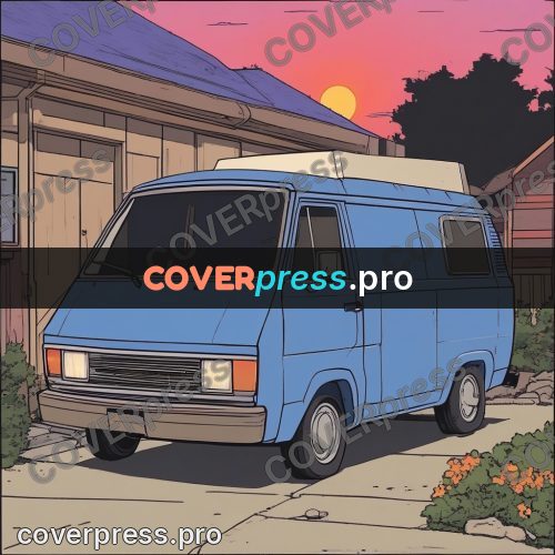 80s anime drawing: blue van at sunset