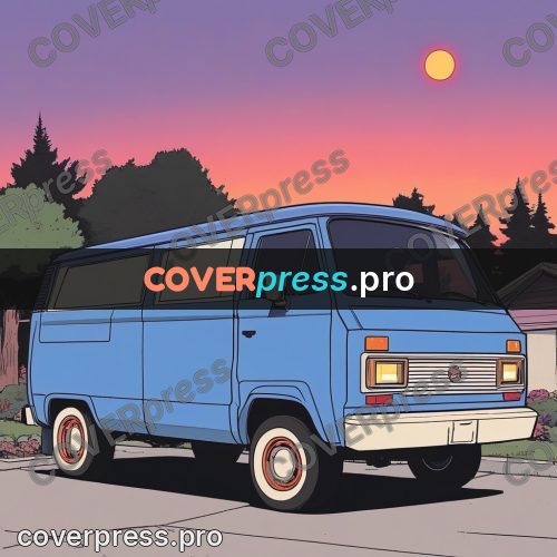 80s anime drawing: blue van at sunset