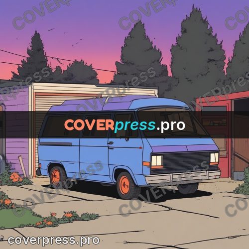 80s anime drawing: blue van at sunset