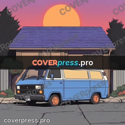 80s anime drawing: blue van at sunset