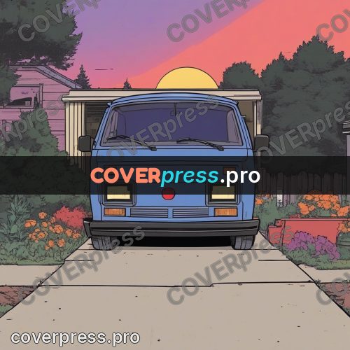 80s anime drawing: blue van at sunset