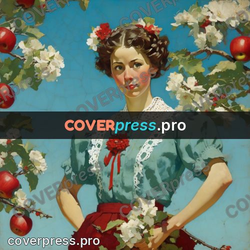 Vintage illustration: woman among apple branches
