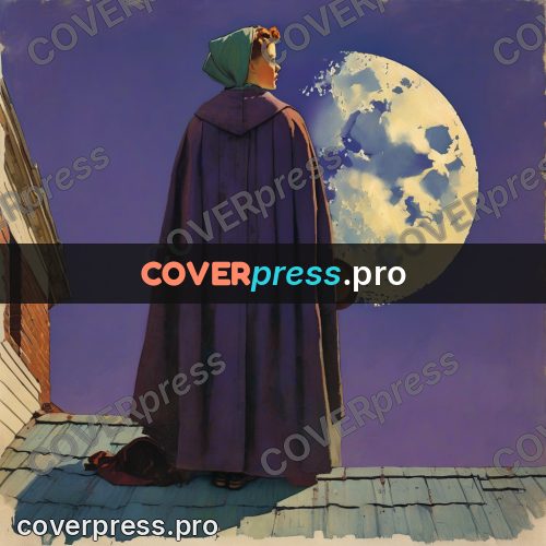 Vintage illustration: cloaked figure on a roof