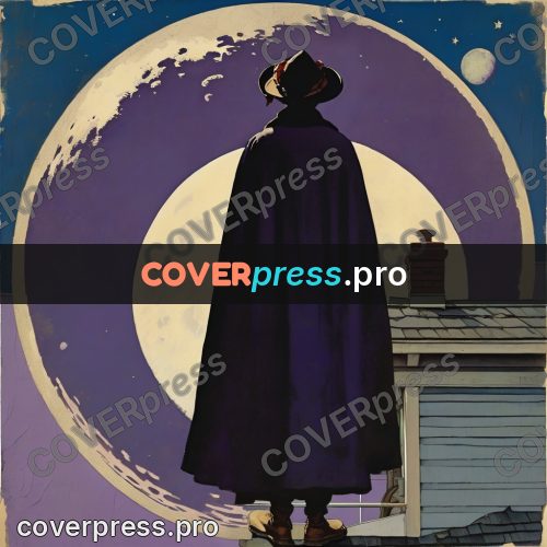 Vintage illustration: cloaked figure on a roof