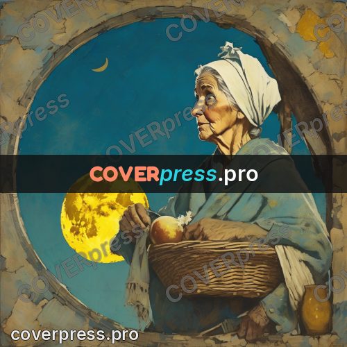 Vintage illustration: old woman against the moon