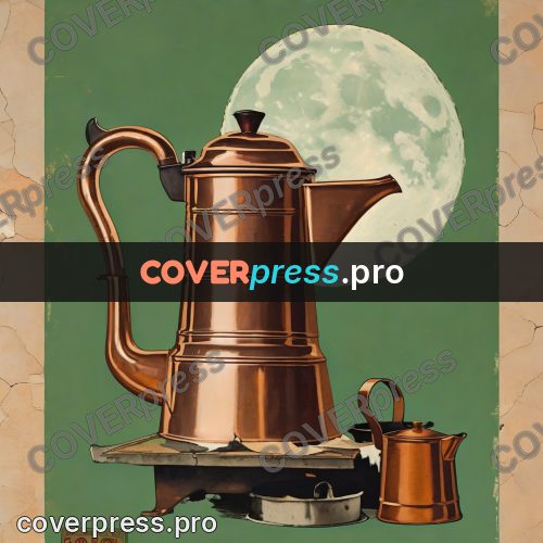 Vintage illustration: copper kettle under the moon