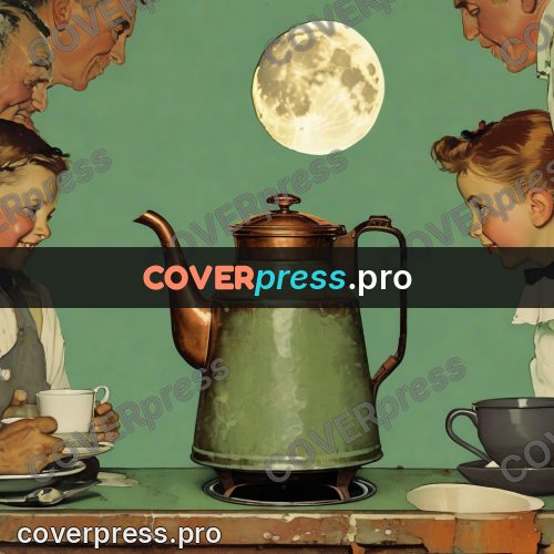 Vintage illustration: copper kettle under the moon