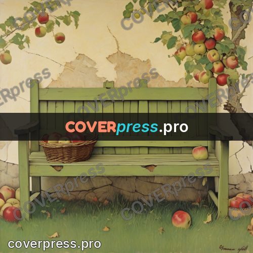 Vintage illustration: bench with a basket of apples