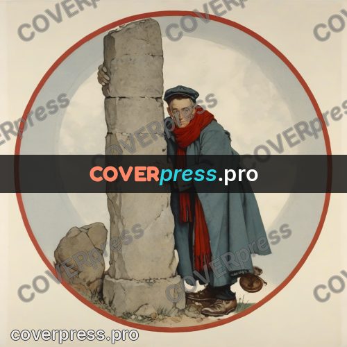 Vintage illustration: man by a stone pillar
