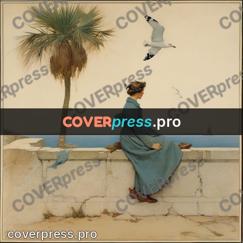 Vintage illustration: woman on a parapet with gulls
