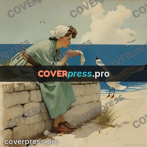 Vintage illustration: woman on a parapet with gulls