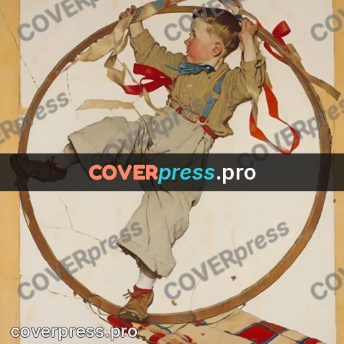 Vintage illustration: boy with a hoop and ribbons