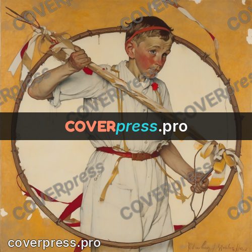 Vintage illustration: boy with a hoop and ribbons